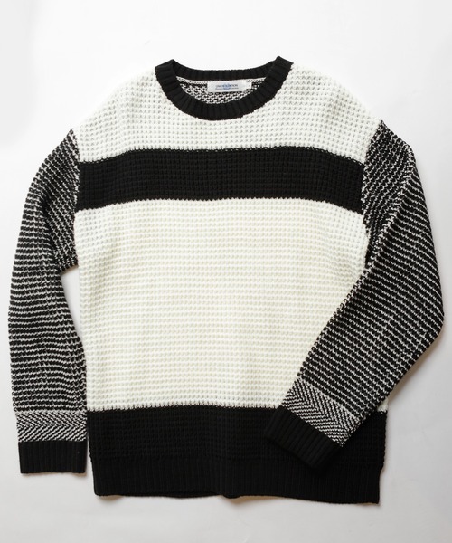UNION STATION（ユニオンステーション）の「ワッフル編みニット[パネルボーダー]（ニット/セーター・メンズ・ホワイト/ブラック/グレー・LL/M/L）」の4枚目の写真