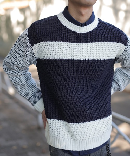 UNION STATION（ユニオンステーション）の「ワッフル編みニット[パネルボーダー]（ニット/セーター・メンズ・ホワイト/ブラック/グレー・LL/M/L）」の15枚目の写真