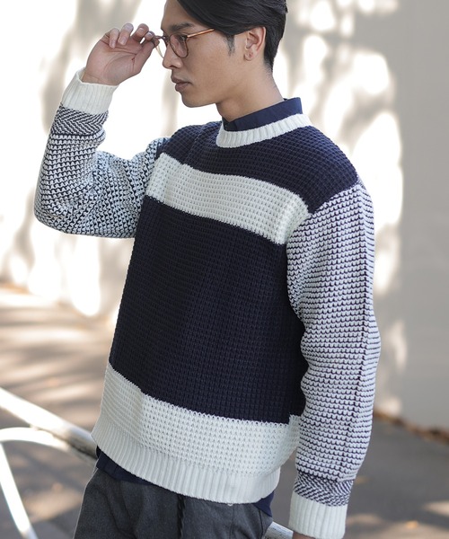 UNION STATION（ユニオンステーション）の「ワッフル編みニット[パネルボーダー]（ニット/セーター・メンズ・ホワイト/ブラック/グレー・LL/M/L）」の14枚目の写真