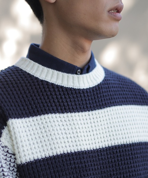 UNION STATION（ユニオンステーション）の「ワッフル編みニット[パネルボーダー]（ニット/セーター・メンズ・ホワイト/ブラック/グレー・LL/M/L）」の12枚目の写真