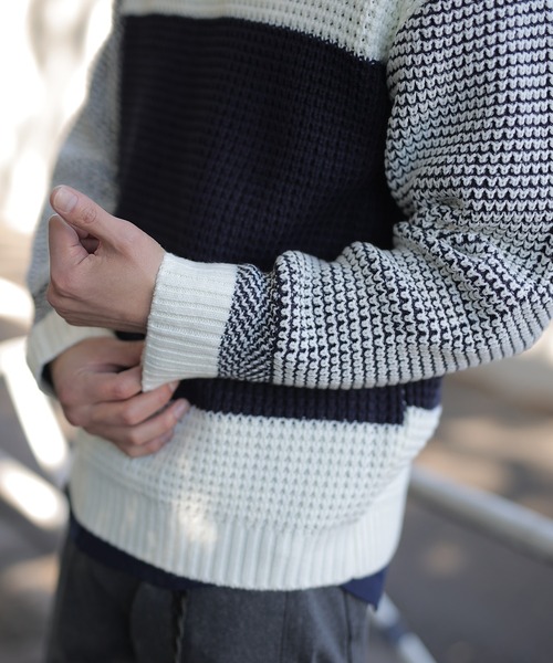 UNION STATION（ユニオンステーション）の「ワッフル編みニット[パネルボーダー]（ニット/セーター・メンズ・ホワイト/ブラック/グレー・LL/M/L）」の11枚目の写真