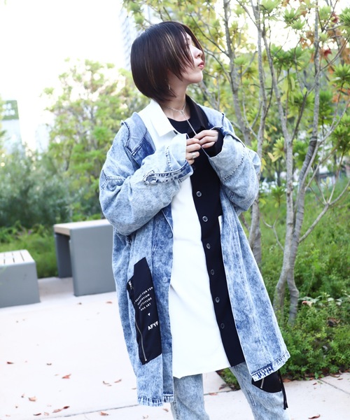 rovtski（ロフトスキー）の「【セットアップ対応】AFYFBASATTO COAT/ツイル&デニム ビッグシルエット バサっとコート（デニムジャケット・メンズ・ケミカルウォッシュ/ブラック/インディゴブルー・FREE）」の9枚目の写真