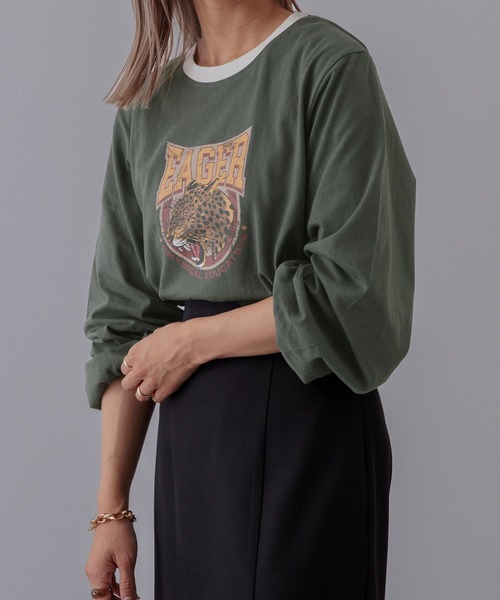 Adoon plain(アドーンプレーン)の「【体型カバーが嬉しい!】リンガーロンT(Tシャツ/カットソー・レディース・ブラック/ネイビー/グリーン・FREE)」の3枚目の写真