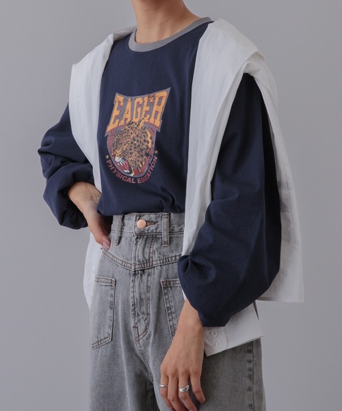 Adoon plain(アドーンプレーン)の「【体型カバーが嬉しい!】リンガーロンT(Tシャツ/カットソー・レディース・ブラック/ネイビー/グリーン・FREE)」の5枚目の写真