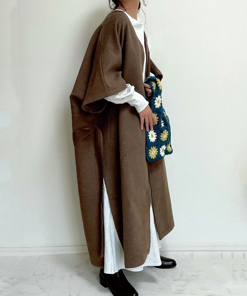 CORNERS（コーナーズ）の「【WEARISTA nico×CORNERSコラボ】《選べる着丈》ガウンコート（ノーカラーコート・レディース・ブラウン/アイボリー・M/L）」の2枚目の写真