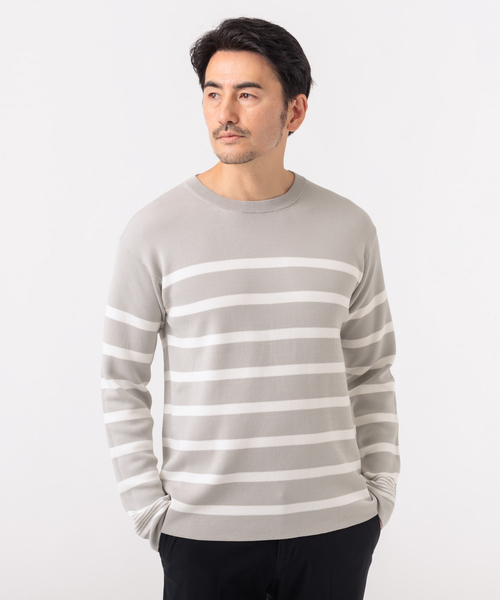 DESIGNWORKS(デザインワークス)の「パネル ボーダー コットン ニット(ニット/セーター・メンズ・ブラック/グレイッシュベージュ・46/48/50)」の2枚目の写真