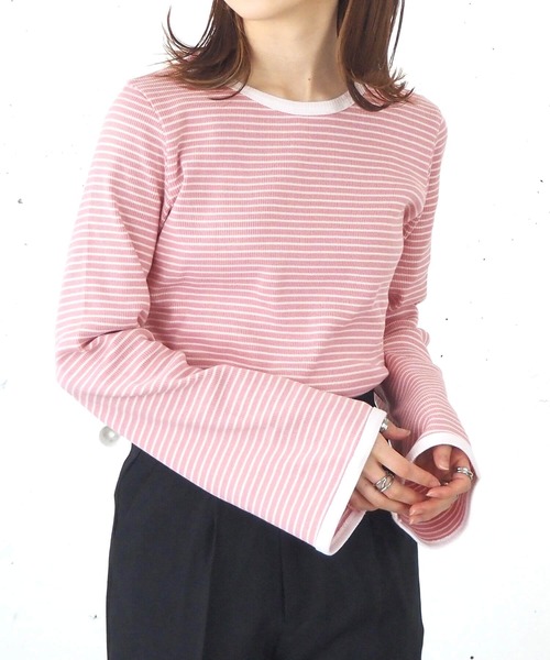 tiptop（ティップトップ）の「【ZOZO限定アイテム】ボーダーフレア袖ロンT（Tシャツ/カットソー・レディース・ブラック/イエロー/グリーン/ピンク/サックスブルー/ベージュ・FREE）」の6枚目の写真