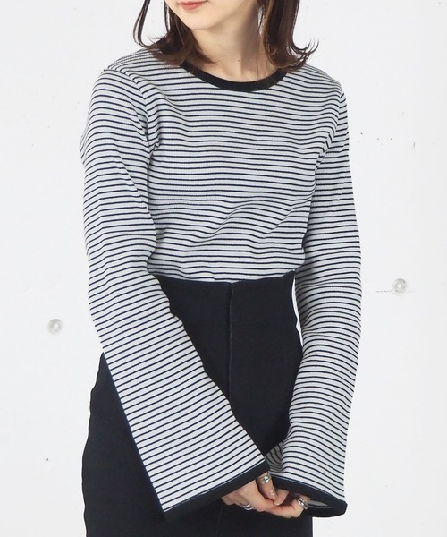 tiptop（ティップトップ）の「【ZOZO限定アイテム】ボーダーフレア袖ロンT（Tシャツ/カットソー・レディース・ブラック/イエロー/グリーン/ピンク/サックスブルー/ベージュ・FREE）」の8枚目の写真