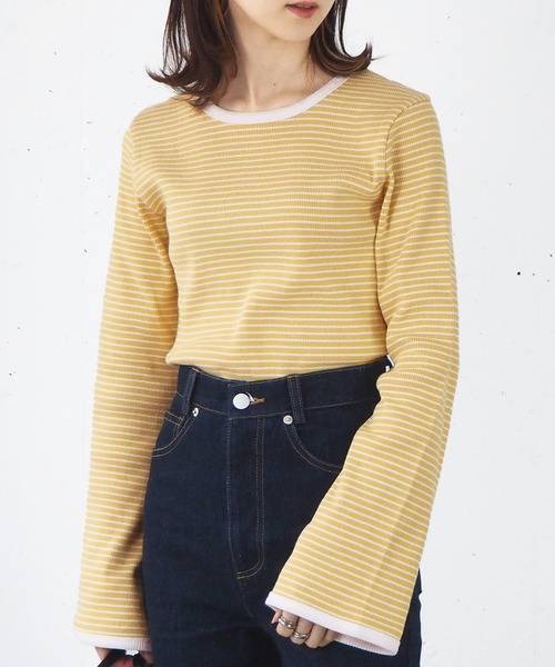 tiptop（ティップトップ）の「【ZOZO限定アイテム】ボーダーフレア袖ロンT（Tシャツ/カットソー・レディース・ブラック/イエロー/グリーン/ピンク/サックスブルー/ベージュ・FREE）」の19枚目の写真