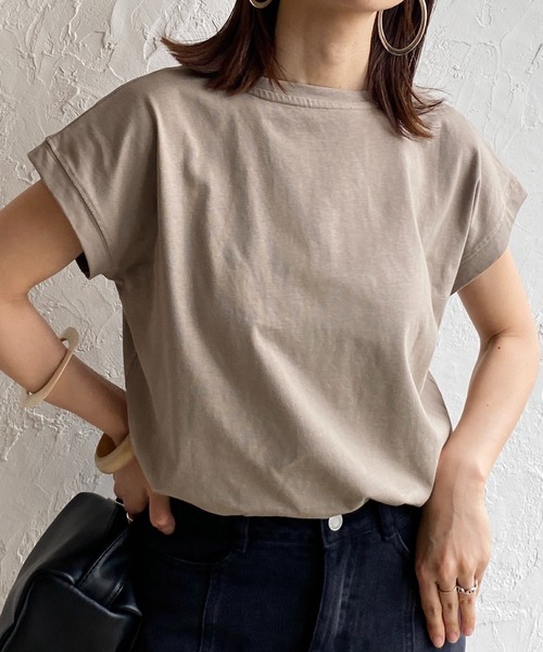 She's Closet(シーズクローゼット)の「コットン100%無地クルーネックフレンチスリーブコンパクトTシャツ(Tシャツ/カットソー・レディース・ホワイト/グリーン/グレイッシュベージュ/チャコール/ブラック/モカ/ライトグリーン/ピンク/ベージュ/ブルー/ダークパープル・FREE)」の6枚目の写真