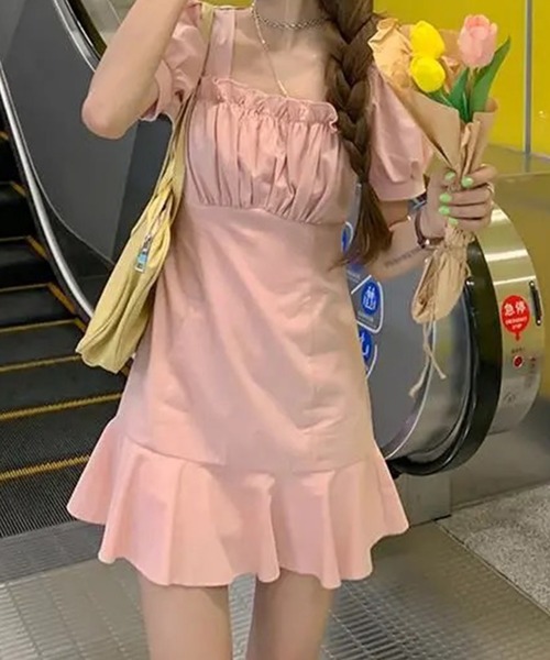 Jasmine Grandiflorum(ジャスミングランディフローラム)の「【Jasmine】フリルスクエアネック半袖ミニワンピース (SS)(ワンピース・レディース・ホワイト/ブラック/ピンク・SMALL/MEDIUM/LARGE/X-LARGE/XX-LARGE)」の7枚目の写真