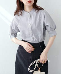 WEB限定カラー有り/パール釦ヨーク切替え5分袖シャツブラウス