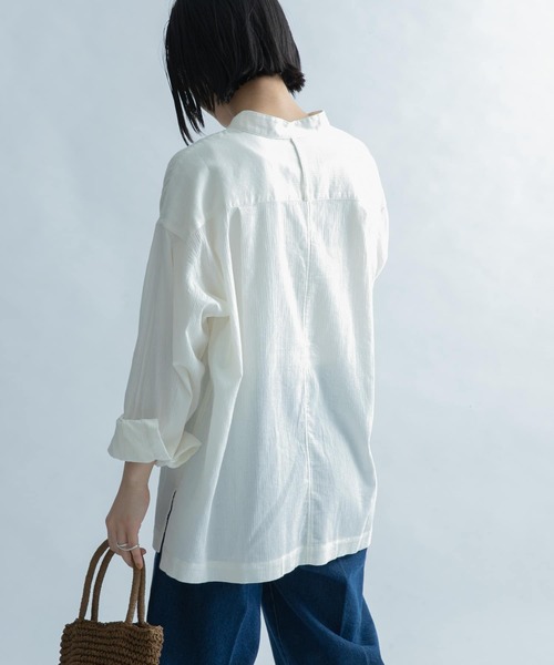 FORK&SPOON（フォークアンドスプーン）の「FORK&SPOON　楊柳バンドカラーシャツ（シャツ/ブラウス・レディース・ブラック/オフホワイト/パープル系その他・1）」の5枚目の写真