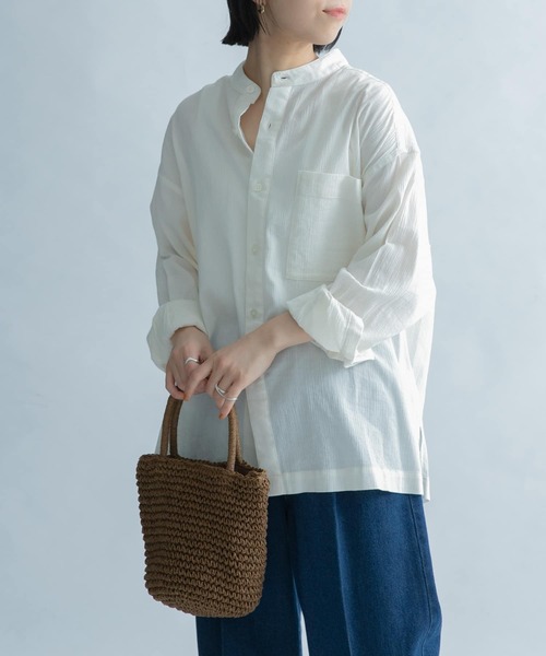 FORK&SPOON（フォークアンドスプーン）の「FORK&SPOON　楊柳バンドカラーシャツ（シャツ/ブラウス・レディース・ブラック/オフホワイト/パープル系その他・1）」の8枚目の写真