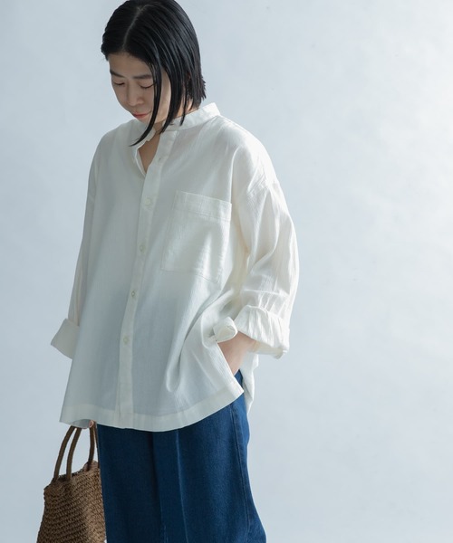 FORK&SPOON（フォークアンドスプーン）の「FORK&SPOON　楊柳バンドカラーシャツ（シャツ/ブラウス・レディース・ブラック/オフホワイト/パープル系その他・1）」の9枚目の写真