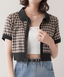 SPINNS（スピンズ）の「襟付き 千鳥デザイン 半袖ショート丈カーディガン（カーディガン/ボレロ）」
