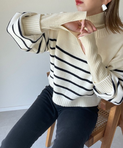 y/m by misato（イムバイミサト）の「アルパカタッチボーダークロップドトップス（ニット/セーター・レディース・ブラック/ネイビー/オフホワイト・FREE）」の5枚目の写真