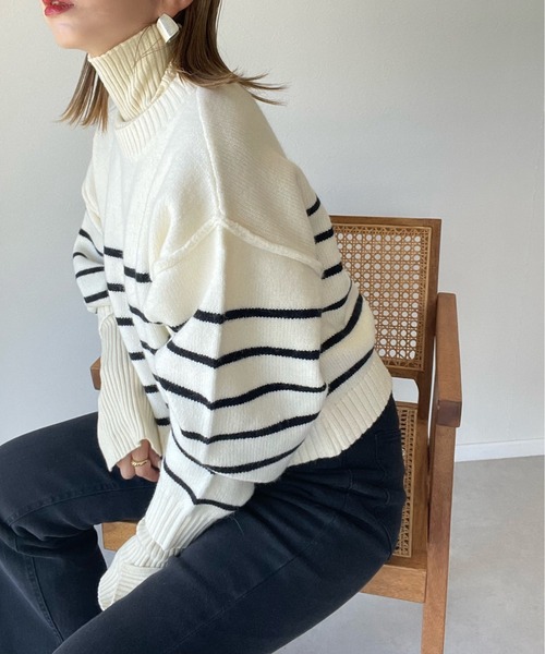 y/m by misato（イムバイミサト）の「アルパカタッチボーダークロップドトップス（ニット/セーター・レディース・ブラック/ネイビー/オフホワイト・FREE）」の4枚目の写真