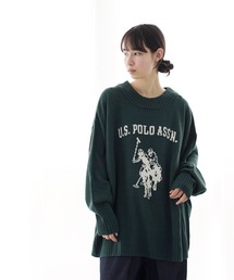 U.S. POLO ASSN. / ユーエスポロアッスン 別注 コラボ オーバーサイズ ロゴ ジャガード クルーネックニット