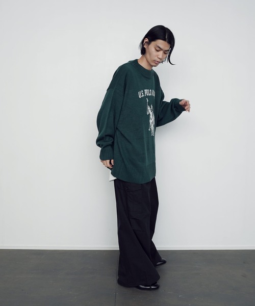 U.S. POLO ASSN.(ユーエスポロアッスン)の「U.S. POLO ASSN. / ユーエスポロアッスン 別注 コラボ オーバーサイズ ロゴ ジャガード クルーネックニット(ニット/セーター・メンズ・ネイビー/ベージュ/グリーン/ブラック・MEDIUM/LARGE)」の9枚目の写真