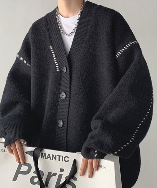 NOWLE（ノウル）の「【NOWLE】ハンドステッチ Vネック ニット カーディガン（カーディガン/ボレロ・メンズ・ホワイト/ブラック・MEDIUM/LARGE/X-LARGE）」の5枚目の写真