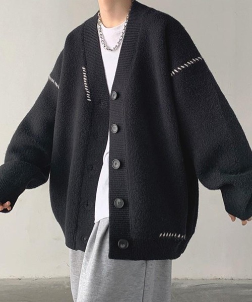 NOWLE（ノウル）の「【NOWLE】ハンドステッチ Vネック ニット カーディガン（カーディガン/ボレロ・メンズ・ホワイト/ブラック・MEDIUM/LARGE/X-LARGE）」の3枚目の写真