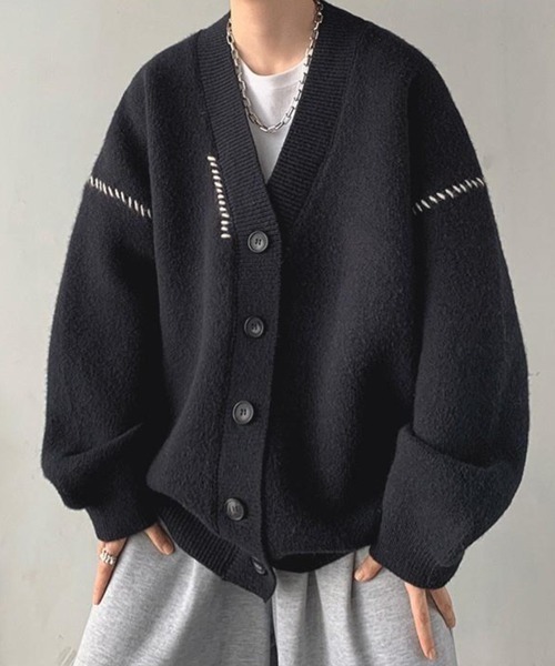 NOWLE（ノウル）の「【NOWLE】ハンドステッチ Vネック ニット カーディガン（カーディガン/ボレロ・メンズ・ホワイト/ブラック・MEDIUM/LARGE/X-LARGE）」の15枚目の写真