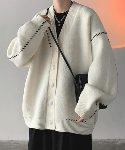 NOWLE（ノウル）の「【NOWLE】ハンドステッチ Vネック ニット カーディガン（カーディガン/ボレロ・メンズ・ホワイト/ブラック・MEDIUM/LARGE/X-LARGE）」の4枚目の写真