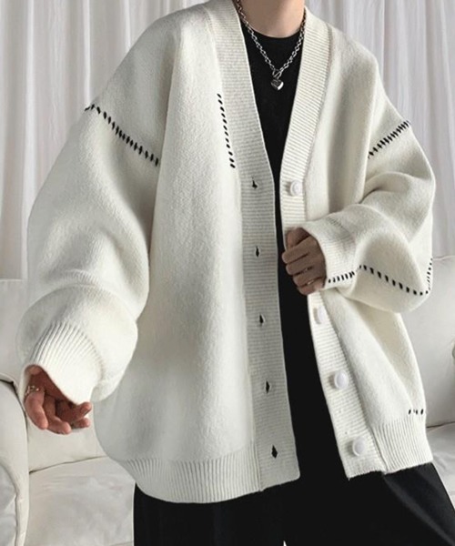 NOWLE（ノウル）の「【NOWLE】ハンドステッチ Vネック ニット カーディガン（カーディガン/ボレロ・メンズ・ホワイト/ブラック・MEDIUM/LARGE/X-LARGE）」の14枚目の写真