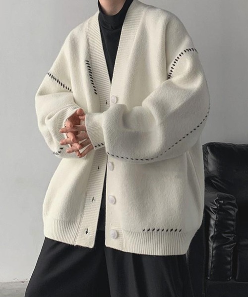 NOWLE（ノウル）の「【NOWLE】ハンドステッチ Vネック ニット カーディガン（カーディガン/ボレロ・メンズ・ホワイト/ブラック・MEDIUM/LARGE/X-LARGE）」の18枚目の写真