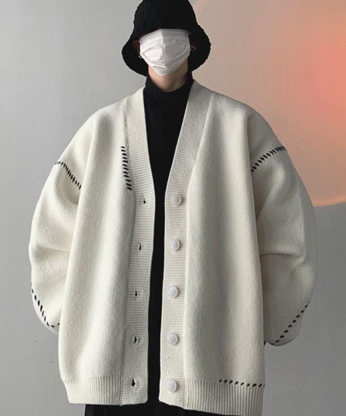 NOWLE（ノウル）の「【NOWLE】ハンドステッチ Vネック ニット カーディガン（カーディガン/ボレロ・メンズ・ホワイト/ブラック・MEDIUM/LARGE/X-LARGE）」の12枚目の写真