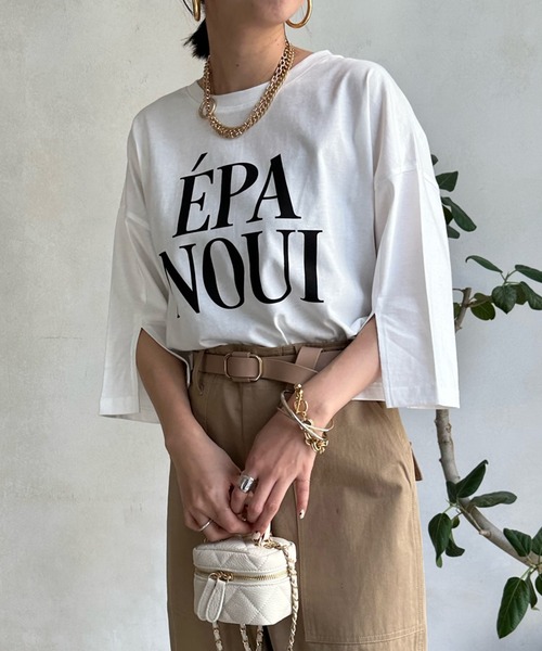 DouDou（ドゥドゥ）の「袖スリットロゴTEE（Tシャツ/カットソー・レディース・ベージュ/ピンク/オフホワイト/ライトグリーン・FREE）」の5枚目の写真