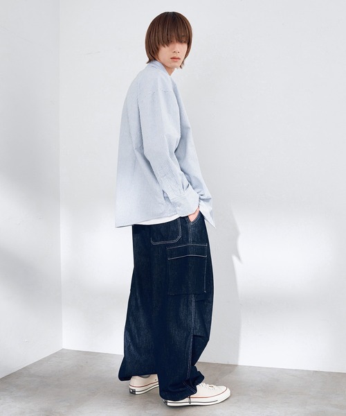 EDWIN（エドウィン）の「EDWIN エドウィン STEPMARK オーバーサイズ ビッグシルエット ルーズシャツ 長袖（シャツ/ブラウス・メンズ・ネイビー/ブルー/オレンジ/グリーン/ストライプ・LARGE/SMALL/MEDIUM）」の19枚目の写真