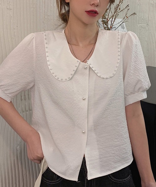 shopnikoniko（ショップニコニコ）の「パールボタン パフスリーブ 半袖ブラウス（シャツ/ブラウス・レディース・ブルー/ホワイト・フリー）」の2枚目の写真