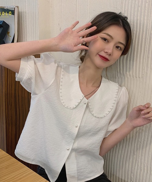 shopnikoniko（ショップニコニコ）の「パールボタン パフスリーブ 半袖ブラウス（シャツ/ブラウス・レディース・ブルー/ホワイト・フリー）」の14枚目の写真
