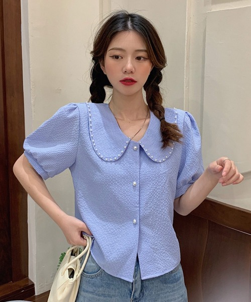 shopnikoniko（ショップニコニコ）の「パールボタン パフスリーブ 半袖ブラウス（シャツ/ブラウス・レディース・ブルー/ホワイト・フリー）」の12枚目の写真