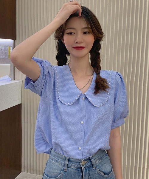 shopnikoniko（ショップニコニコ）の「パールボタン パフスリーブ 半袖ブラウス（シャツ/ブラウス・レディース・ブルー/ホワイト・フリー）」の5枚目の写真