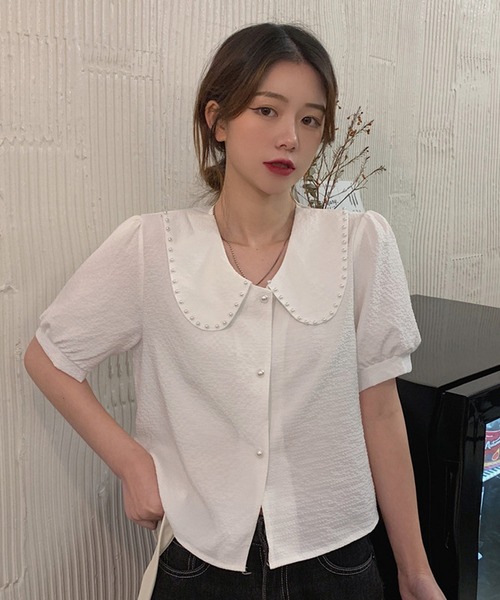shopnikoniko（ショップニコニコ）の「パールボタン パフスリーブ 半袖ブラウス（シャツ/ブラウス・レディース・ブルー/ホワイト・フリー）」の10枚目の写真