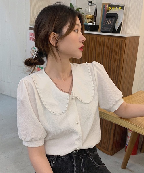 shopnikoniko（ショップニコニコ）の「パールボタン パフスリーブ 半袖ブラウス（シャツ/ブラウス・レディース・ブルー/ホワイト・フリー）」の16枚目の写真