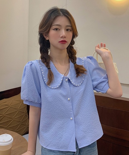 shopnikoniko（ショップニコニコ）の「パールボタン パフスリーブ 半袖ブラウス（シャツ/ブラウス・レディース・ブルー/ホワイト・フリー）」の15枚目の写真