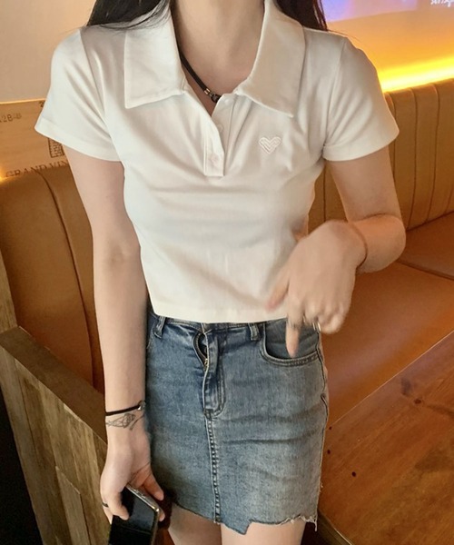 meJane（ミージェーン）の「ハート刺繍クロップド丈 半そでちびポロシャツ（ポロシャツ・レディース・チェリーレッド/ホワイト/ブラック/グレー・FREE）」の13枚目の写真