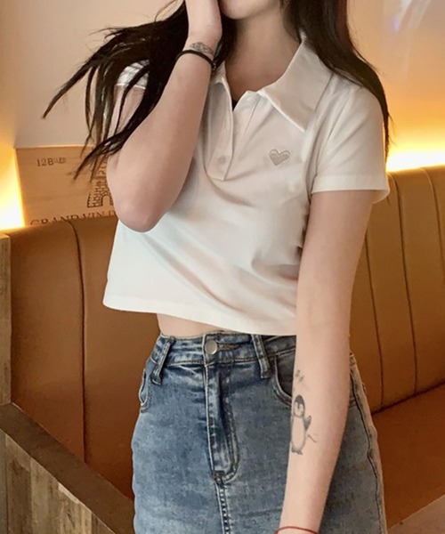 meJane（ミージェーン）の「ハート刺繍クロップド丈 半そでちびポロシャツ（ポロシャツ・レディース・チェリーレッド/ホワイト/ブラック/グレー・FREE）」の6枚目の写真