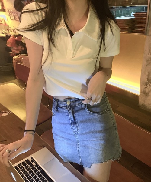 meJane（ミージェーン）の「ハート刺繍クロップド丈 半そでちびポロシャツ（ポロシャツ・レディース・チェリーレッド/ホワイト/ブラック/グレー・FREE）」の8枚目の写真