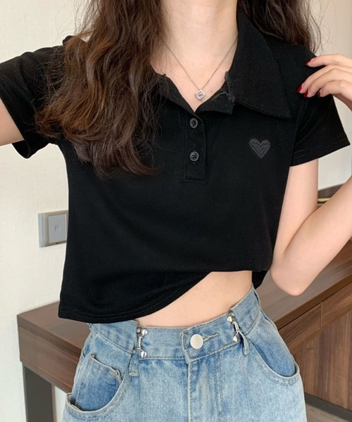 meJane（ミージェーン）の「ハート刺繍クロップド丈 半そでちびポロシャツ（ポロシャツ・レディース・チェリーレッド/ホワイト/ブラック/グレー・FREE）」の5枚目の写真