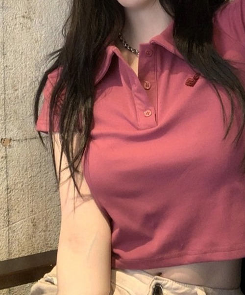 meJane（ミージェーン）の「ハート刺繍クロップド丈 半そでちびポロシャツ（ポロシャツ・レディース・チェリーレッド/ホワイト/ブラック/グレー・FREE）」の11枚目の写真