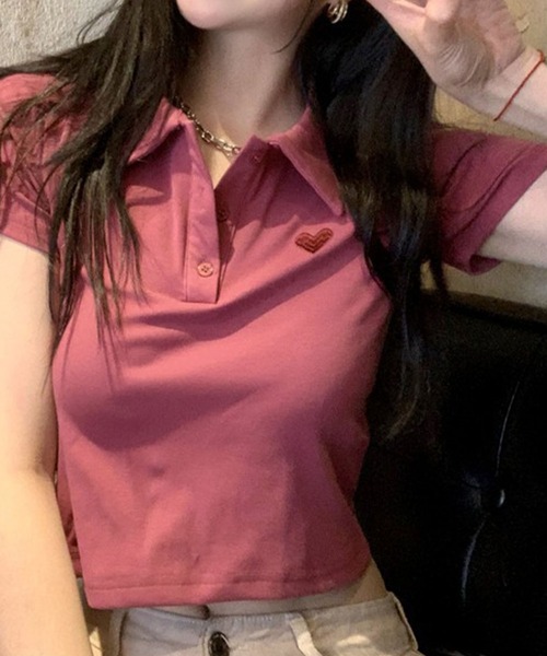 meJane（ミージェーン）の「ハート刺繍クロップド丈 半そでちびポロシャツ（ポロシャツ・レディース・チェリーレッド/ホワイト/ブラック/グレー・FREE）」の7枚目の写真