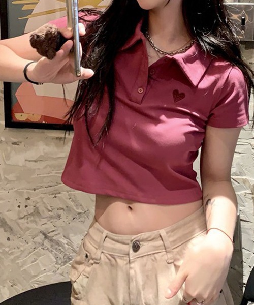 meJane（ミージェーン）の「ハート刺繍クロップド丈 半そでちびポロシャツ（ポロシャツ・レディース・チェリーレッド/ホワイト/ブラック/グレー・FREE）」の12枚目の写真