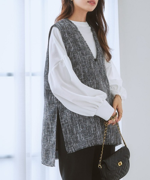 nissen（ニッセン）の「Vネックツイードベスト（ベスト・レディース・グレー系/ブラック系・M/LL/L/S）」の2枚目の写真