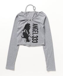 XU | ストリートファッション XU エックスユー print crop top プリントロンT 長袖トップス クロップ丈トップス スリムトップス 長袖 韓国ファッション(Tシャツ/カットソー)