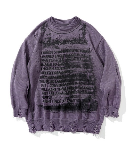 Ressaca（レサーカ）の「オーバーサイズダメージ加工レターロゴニット（ニット/セーター・メンズ・ブラック/ホワイト/パープル・L/M/XL）」の3枚目の写真